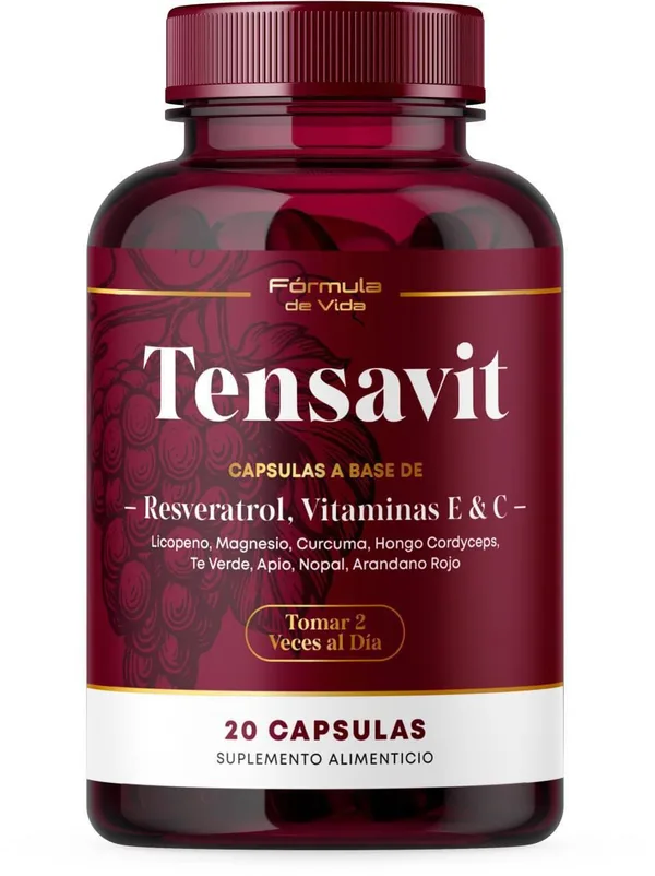 Frasco de Tensavit, suplemento alimenticio de 20 cápsulas con resveratrol y vitaminas E y C